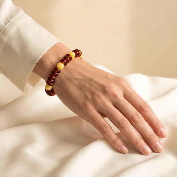 Bracelet en ambre cerise et ambre jaune pour femme, design original disques et perles