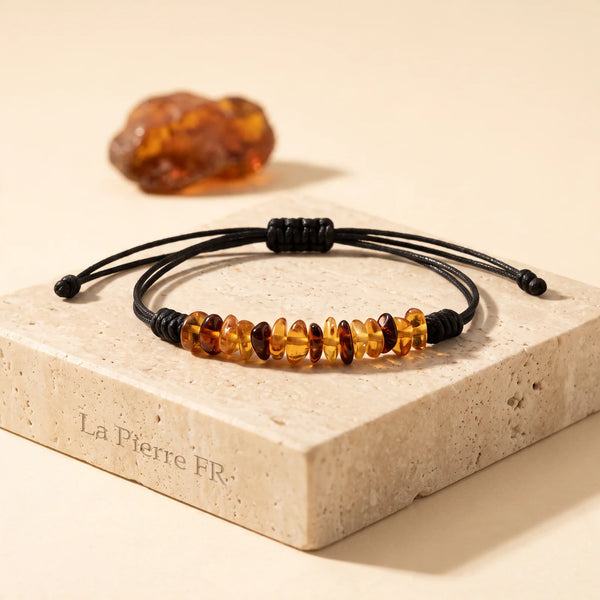 Bracelet en ambre sur cordon noir réglable, idée cadeau unisexe en ambre véritable