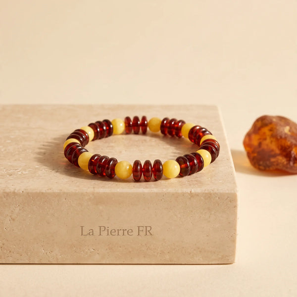 Bracelet ambre disques et boules, perles cognac et jaunes, bijou de lithothérapie