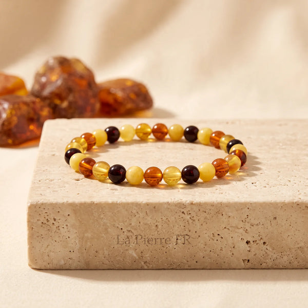 Bracelet perles rondes en ambre multicolore 5-6 mm, pierre naturelle de la Baltique