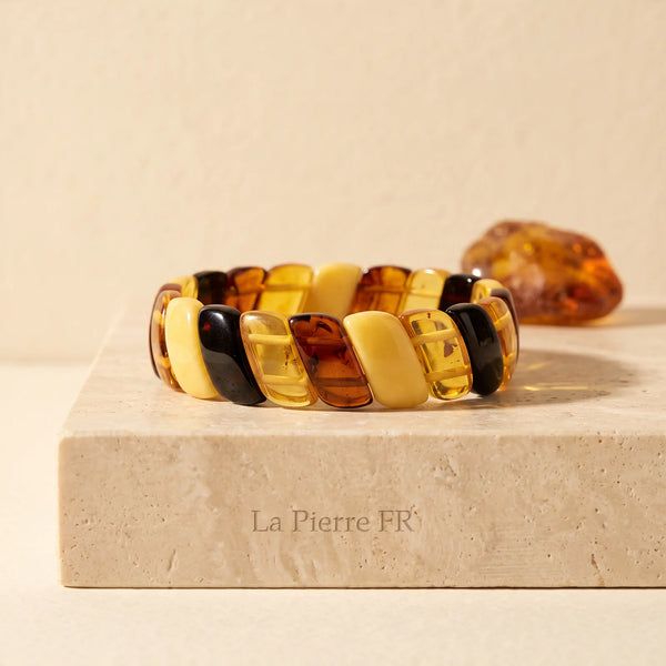 Bracelet plaquette en ambre multicolore, bijou de caractère en ambre de la Baltique