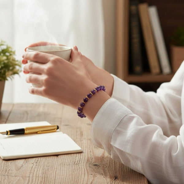 Bracelet Améthyste AURA® porté au poignet, bracelet fin doré en pierre naturelle