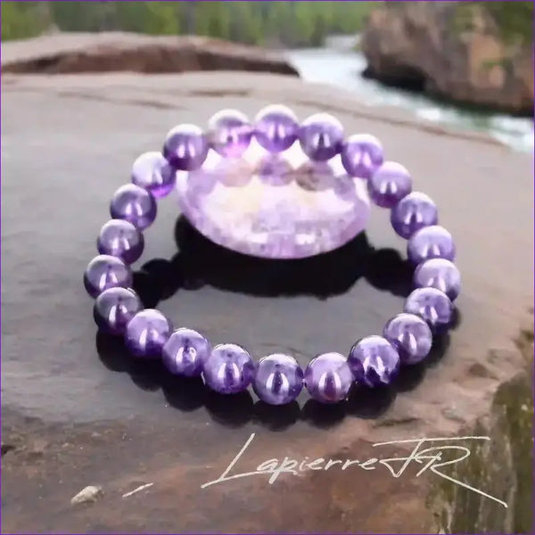 Bracelet pierre naturelle véritable Améthyste violette profonde, perles rondes pour lithothérapie, sérénité, intuition et chakra couronne.