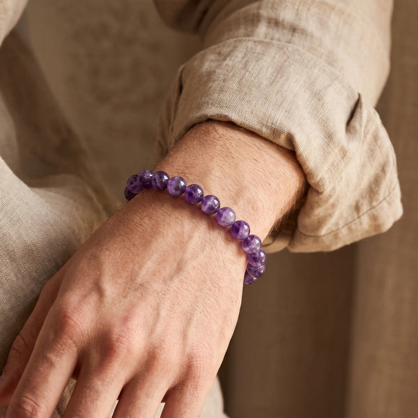 Bracelet améthyste homme en perles de 8 mm, pierre violette naturelle au poignet, idée cadeau