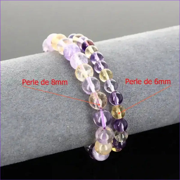 Bracelet sur mesure en perles rondes d'Amétrine naturelle 8mm bicolore violet et jaune