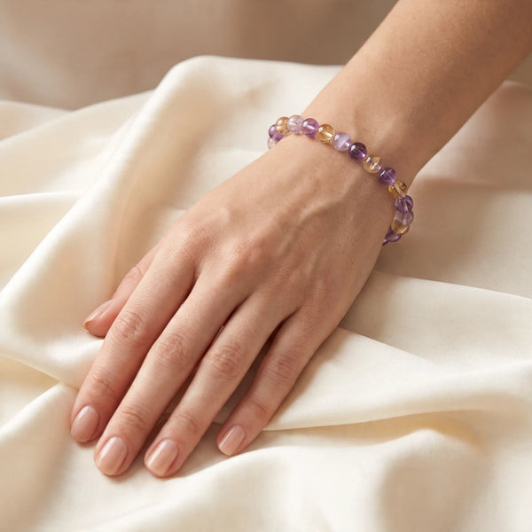 Bracelet amétrine femme en perles fines de 6 mm violettes et dorées, pierre naturelle lumineuse