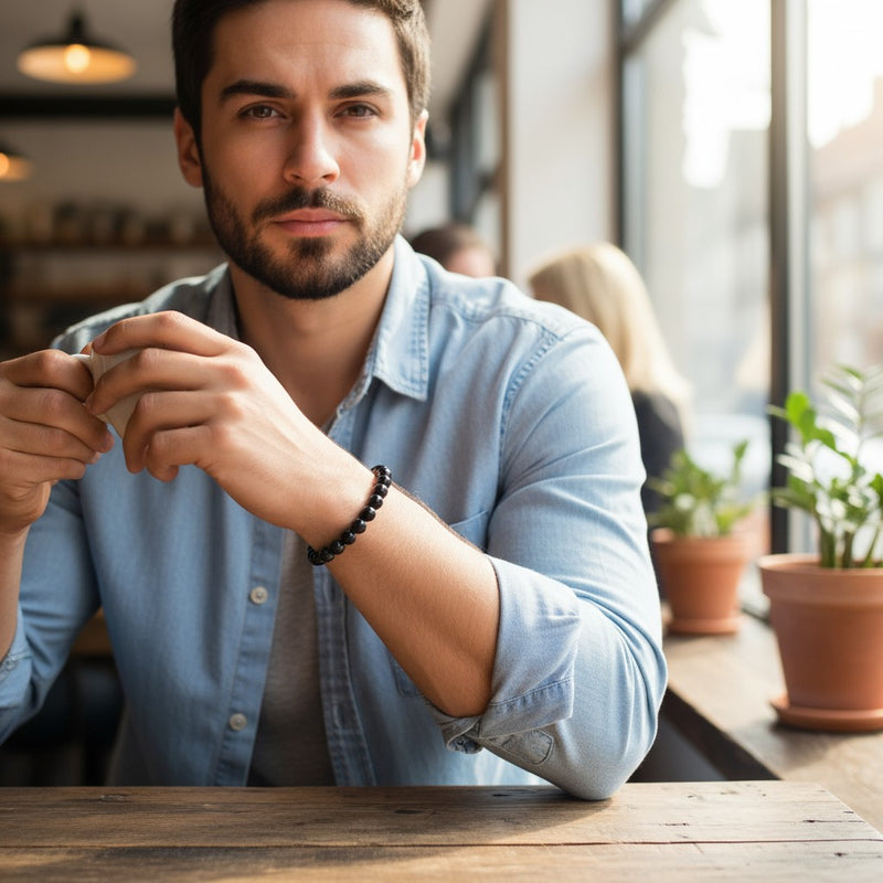 Bracelet Anthophyllite en pierre naturelle porté au poignet par un homme
