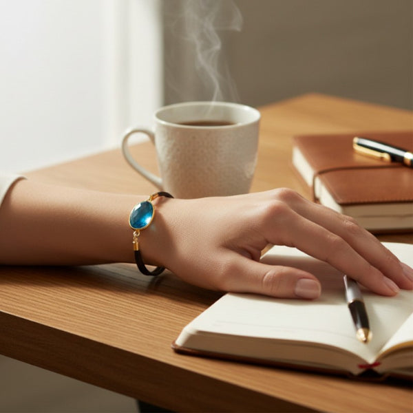 Bracelet Apatite bleue ÉCLIPSE® porté au poignet, bijou fin avec pierre ovale facettée