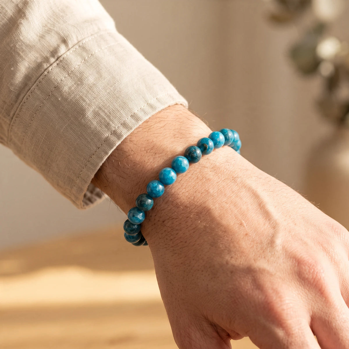 Bracelet apatite bleue homme en perles de 8 mm, pierre naturelle bleu océan, idée cadeau pour homme