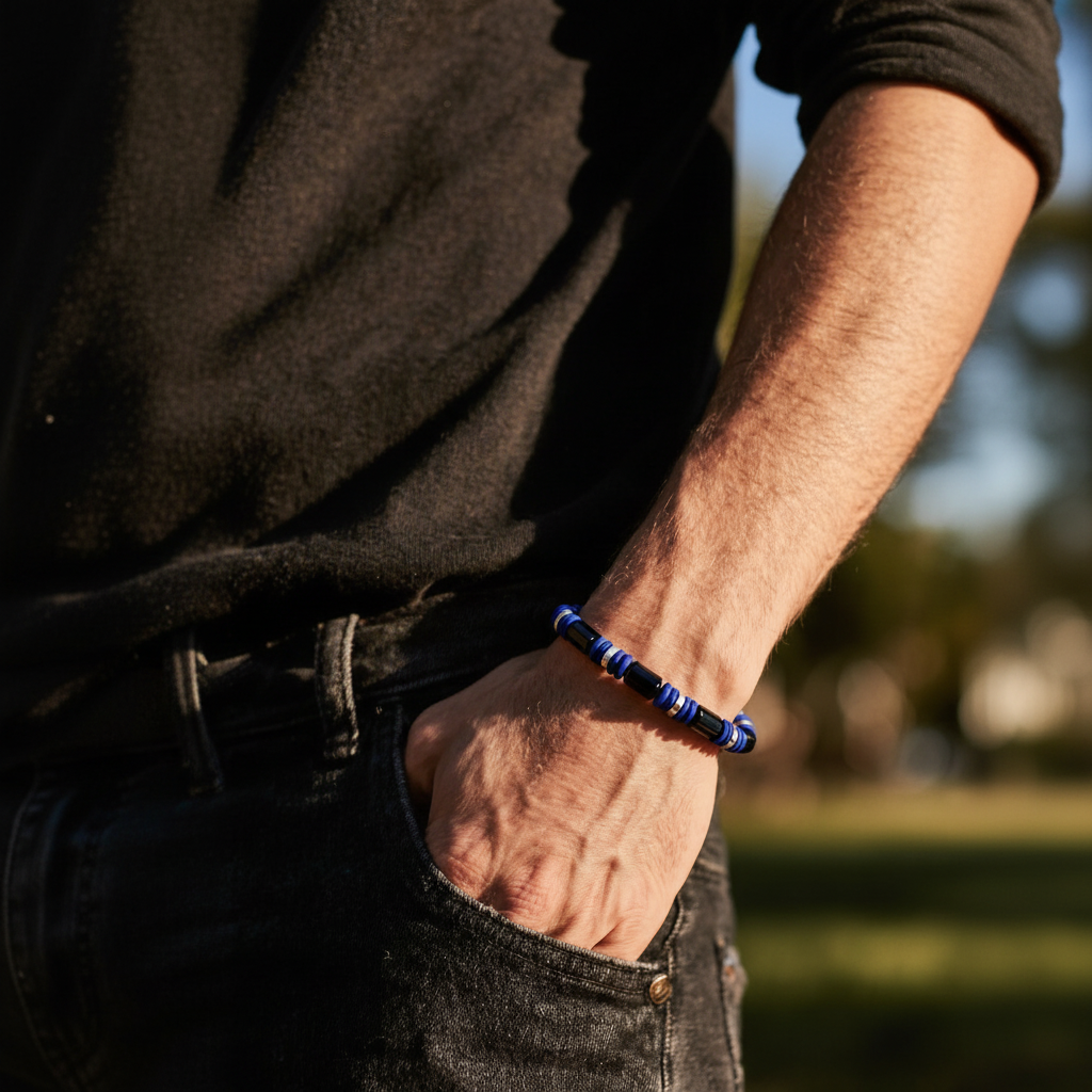 Bracelet homme argenté avec intercalaires en acier inoxydable, obsidienne noire et lapis lazuli traité