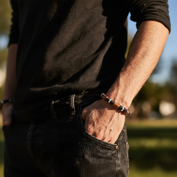 Bracelet homme argenté avec intercalaires en acier inoxydable, obsidienne noire et œil de tigre