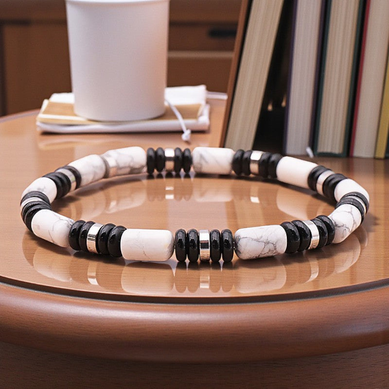 Bracelet en pierres naturelles pour homme obsidienne noire et howlite blanche, style sobre et élégant lithothérapie
