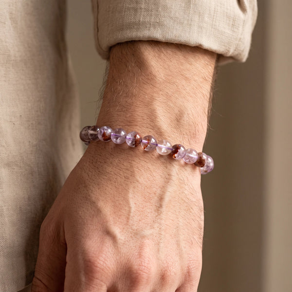 Bracelet auralite homme en perles de 8 mm, pierre naturelle violette rare, idée cadeau homme