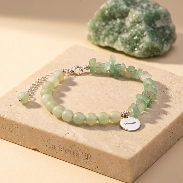 Bracelet aventurine verte, pierre baroque et perles rondes de 6 mm, chaîne argentée réglable