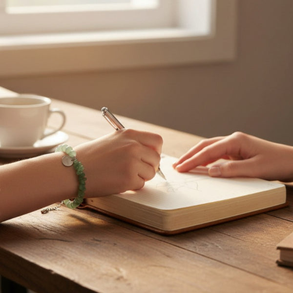Bracelet Aventurine verte DUO® porté au poignet avec pierre baroque et perles rondes