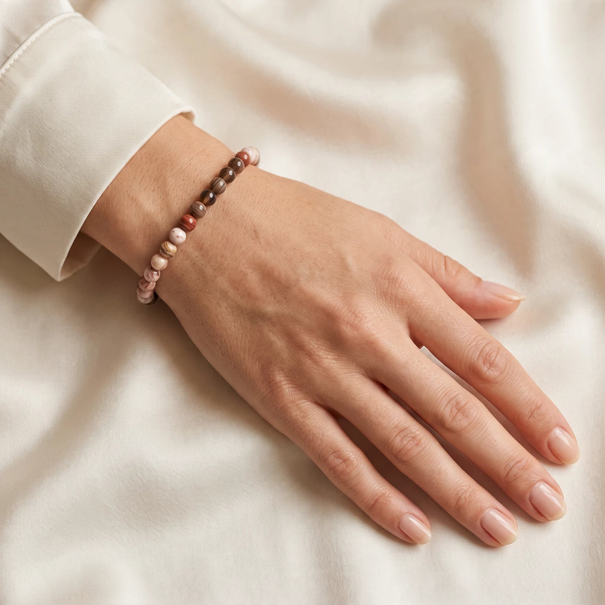 Bracelet bois fossilisé femme en perles de 6 mm, pierre naturelle brune aux tons chauds, cadeau nature