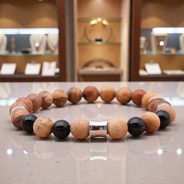 Bracelet boule homme en perles d’onyx noir et jaspe paysage, pierres naturelles de lithothérapie