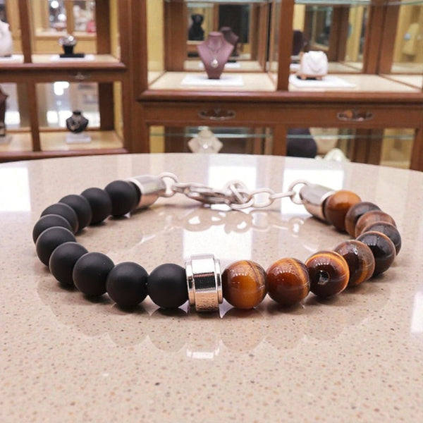 Bracelet boule homme en perles naturelles 8 mm d’onyx noir et œil de tigre, bijou lithothérapie