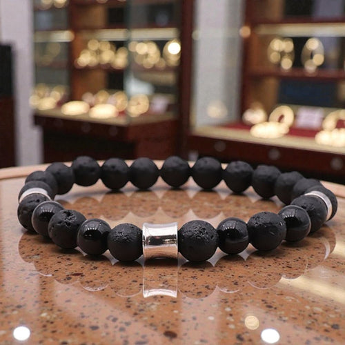 Bracelet homme en perles Onyx noir & Pierre de lave