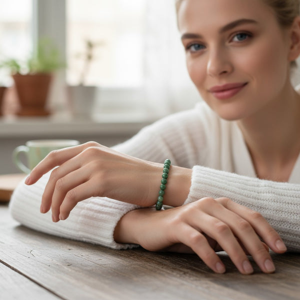 Bracelet Budstone en pierre naturelle porté au poignet par une femme