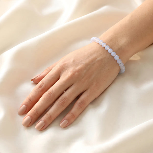 Bracelet calcédoine bleue femme en perles fines de 6 mm, pierre naturelle bleu ciel, idée cadeau