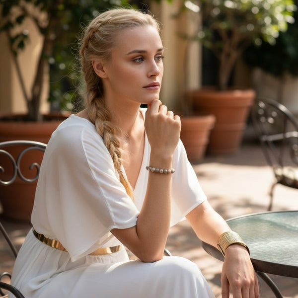 Bracelet Corail fossile en pierre naturelle porté au poignet par une femme