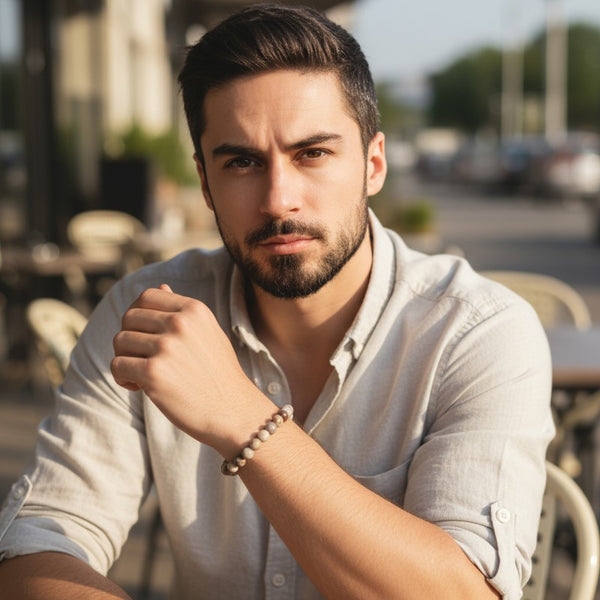 Bracelet Corail fossile en pierre naturelle porté au poignet par un homme