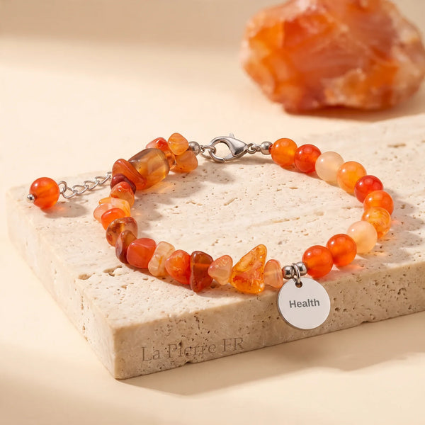 Bracelet cornaline DUO®, pierre baroque orange et perles rondes sur chaîne argentée réglable
