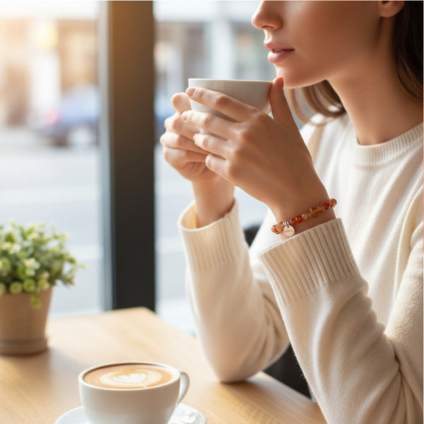 Bracelet Cornaline DUO® porté au poignet avec pierre baroque et perles rondes