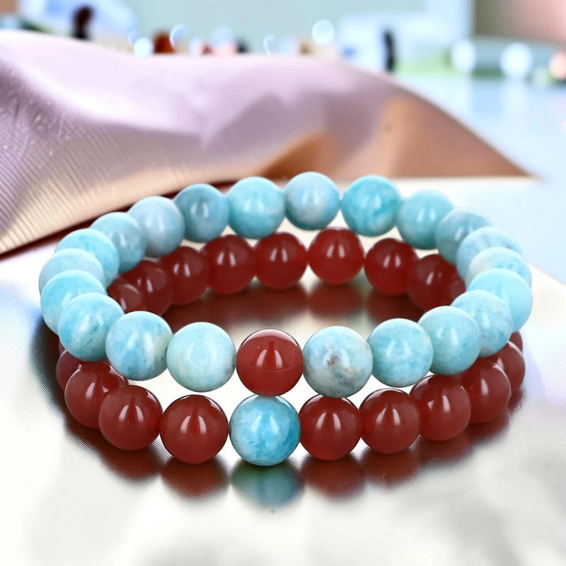Duo de bracelets couple amazonite et cornaline, perles 8 mm