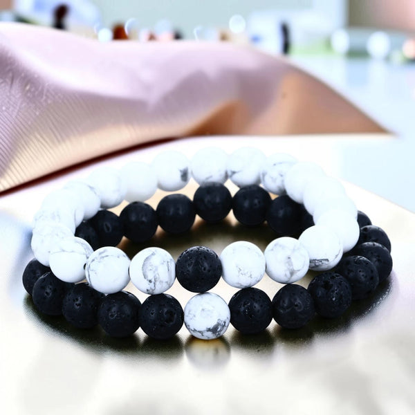 Duo de bracelets yin et yang howlite blanche et pierre de lave