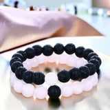 Duo de bracelets distance quartz rose et pierre de lave, perles 8 mm