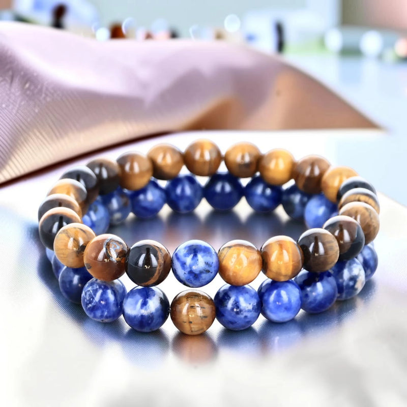Duo de bracelets couple sodalite et œil de tigre, perles 8 mm