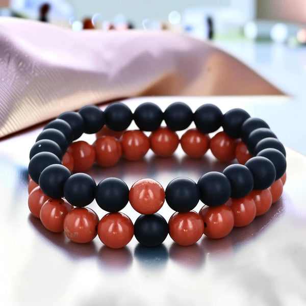 Duo de bracelets couple jaspe rouge et onyx noir perles 8 mm