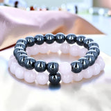 Duo de bracelets couple quartz rose et hématite, perles 8 mm