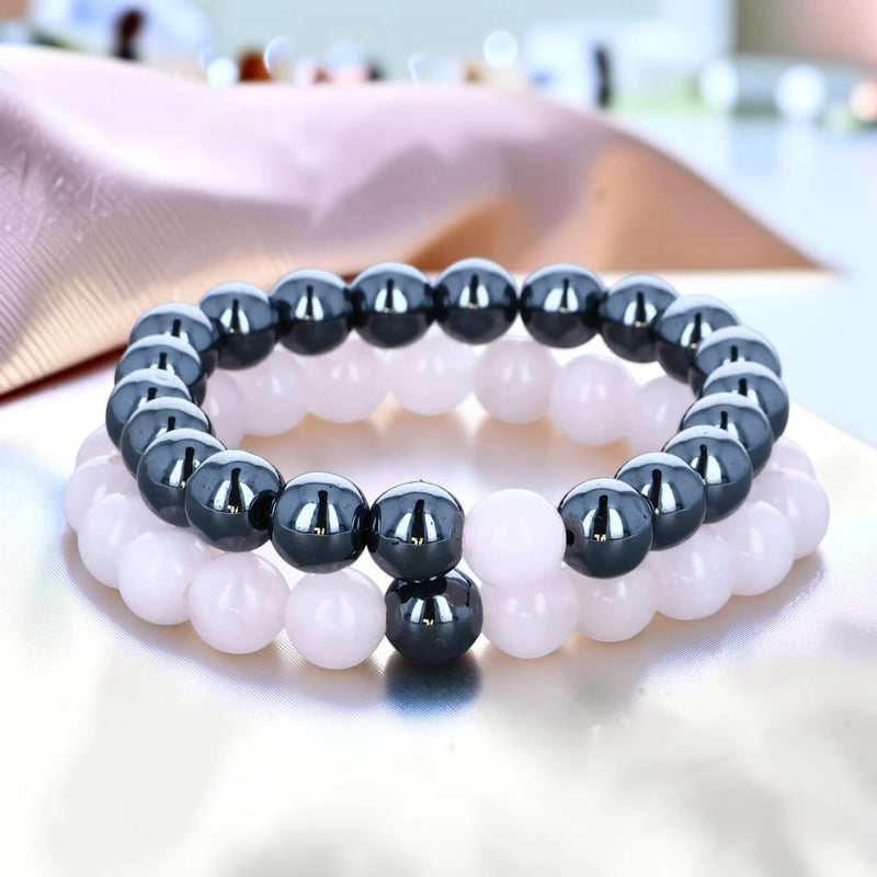 Duo de bracelets couple quartz rose et hématite, perles 8 mm