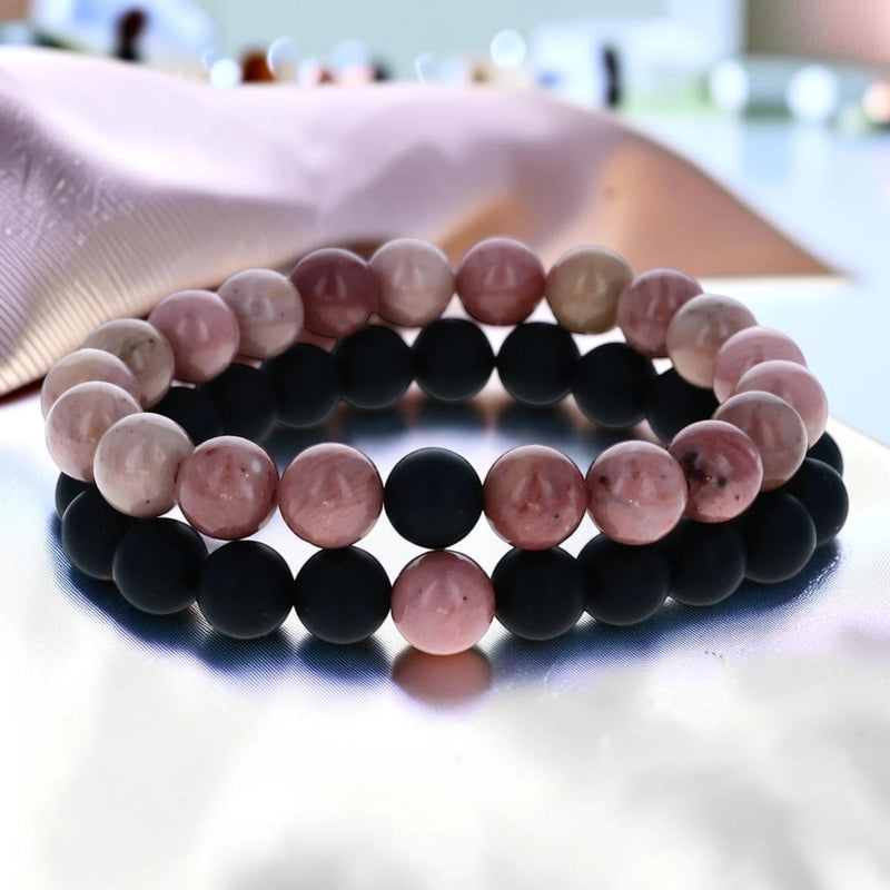 Duo de bracelets couple rhodonite et onyx noir, perles 8 mm