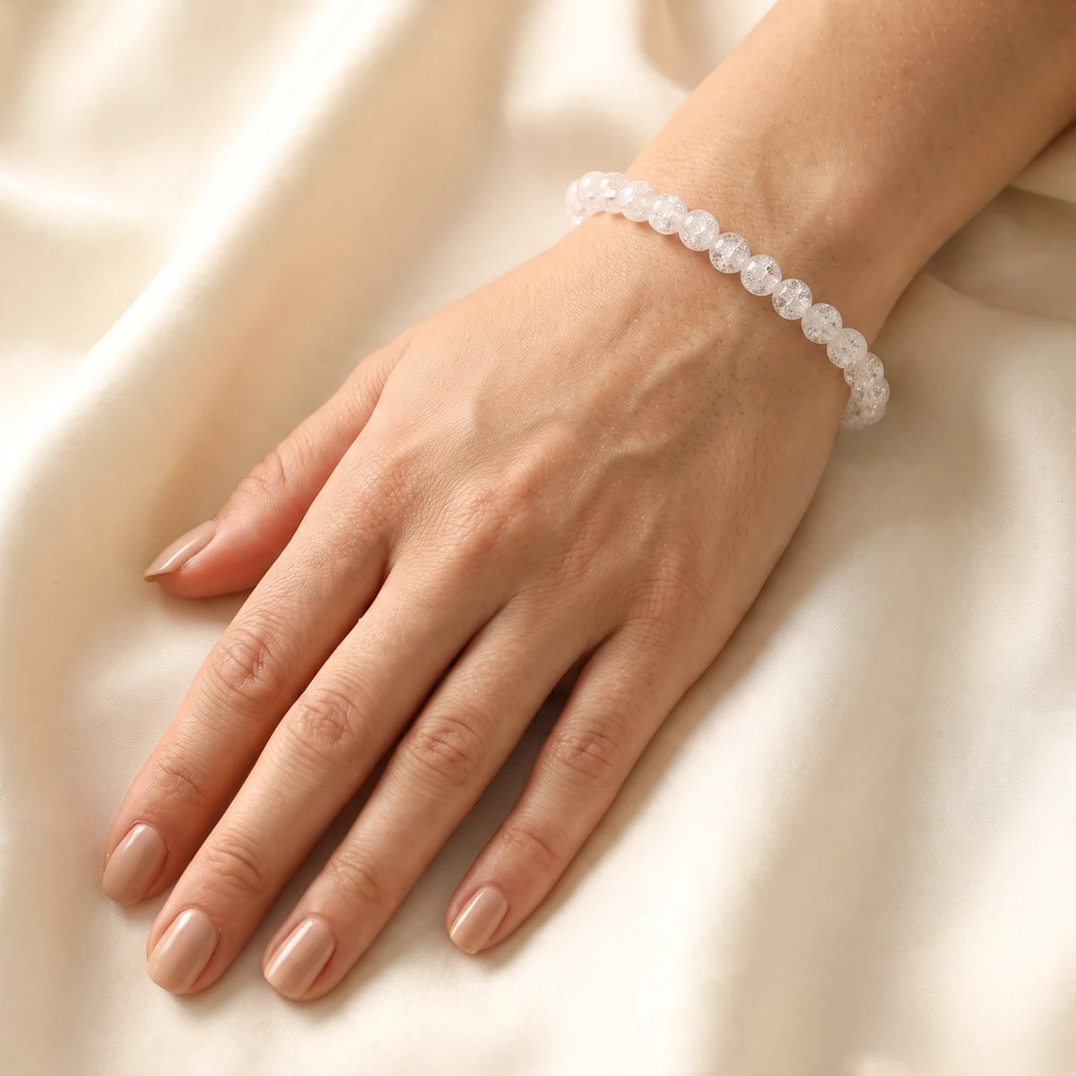 Bracelet cristal de roche craquelé femme en perles de 6 mm transparentes, pierre naturelle scintillante
