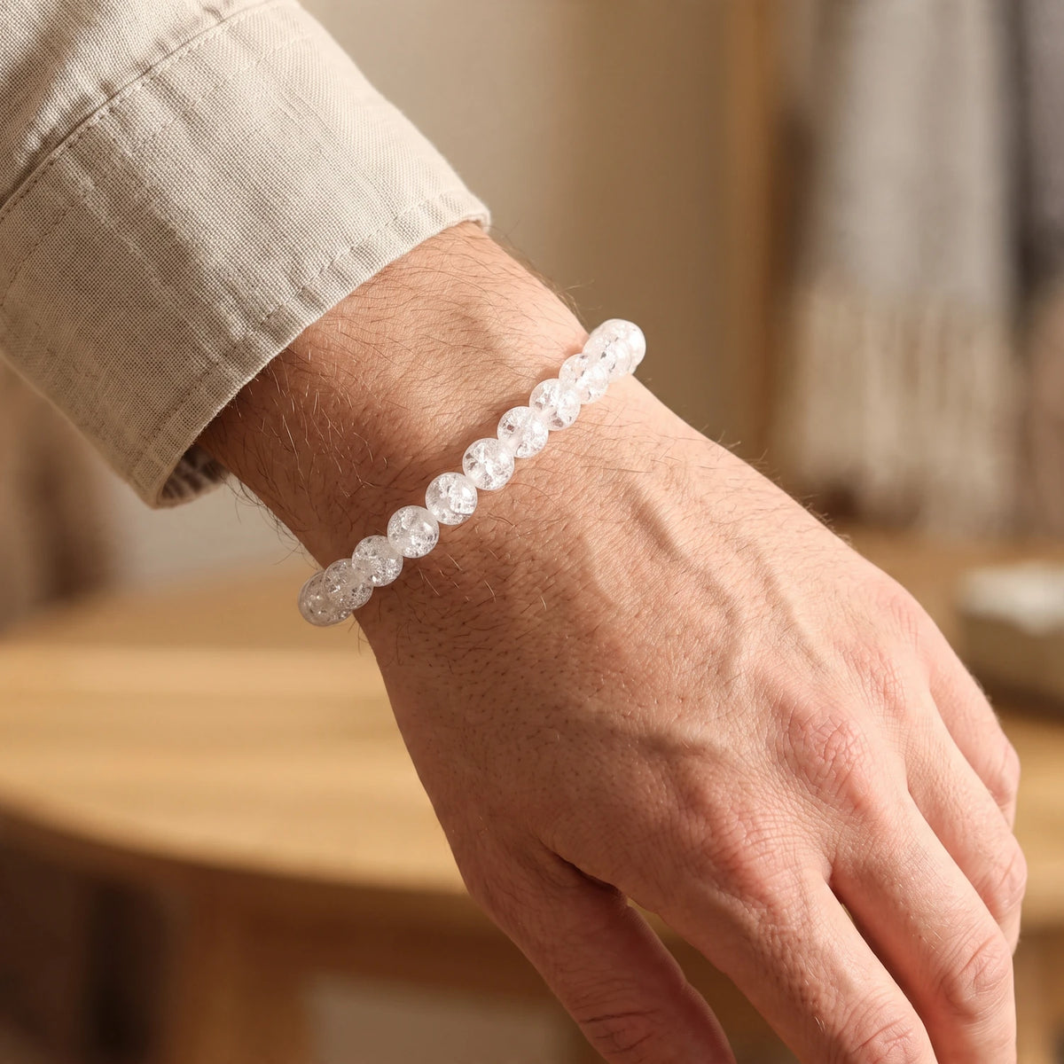 Bracelet cristal de roche craquelé homme perles 8 mm, quartz transparent naturel, idée cadeau homme