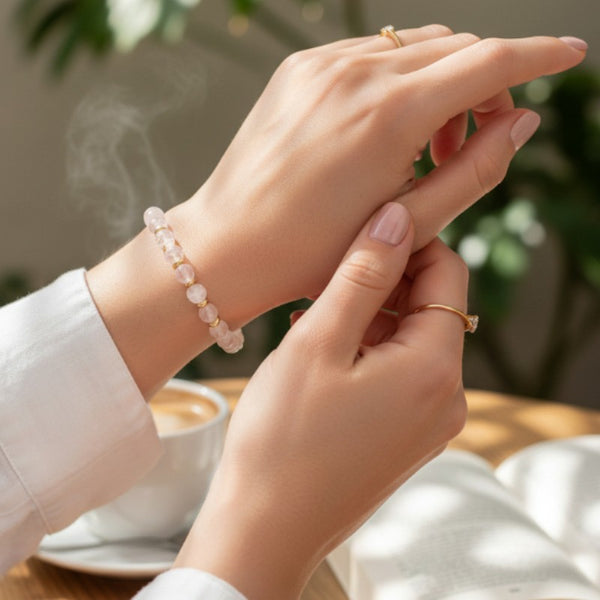 Bracelet Cristal de roche AURA® porté au poignet, bracelet fin doré en pierre naturelle