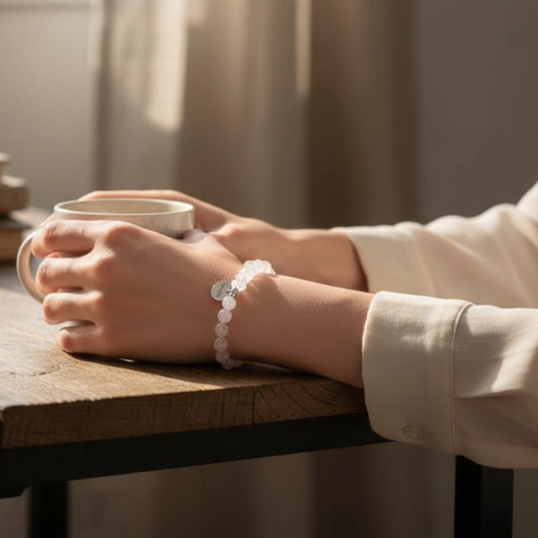 Bracelet Cristal de roche DUO® porté au poignet avec pierre baroque et perles rondes