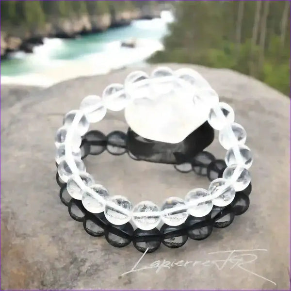 Bracelet pierre naturelle véritable Cristal de Roche transparent, perles rondes pour lithothérapie, amplification énergétique et clarté mentale.