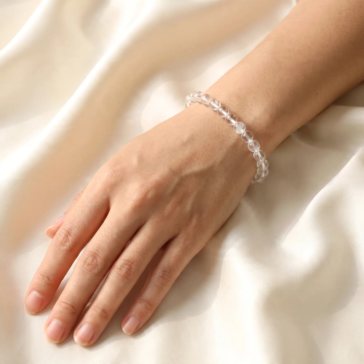 Bracelet cristal de roche femme en perles fines de 6 mm, pierre naturelle transparente lumineuse