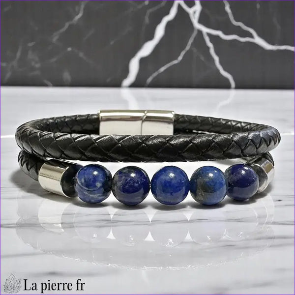 Bracelet Cuir 2 Rangs et 5 Perles Lapis-Lazuli bracelet