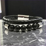 Bracelet homme pierre onyx noir et cuir 2 rangs La Pierre Fr, 5 perles mates, fermoir acier, longueur 21.5cm, symbole de force.