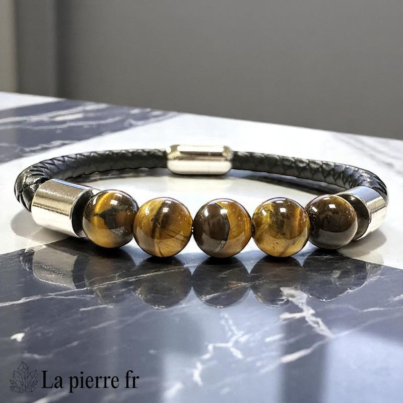 Bracelet homme cuir simple rang La Pierre Fr avec 5 perles Oeil de Tigre 8mm chatoyantes, fermoir acier, longueur 21cm.