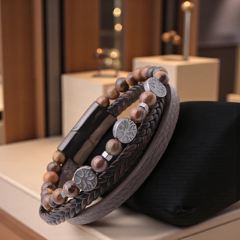 Détail bracelet cuir marron Œil de Tigre, breloque Arbre de Vie, acier inox 304, bijou lithothérapie protecteur