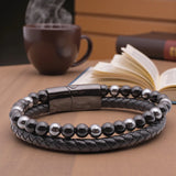 Bracelet cuir noir homme avec perles Hématite et Onyx, 18 cm, perles 6 mm