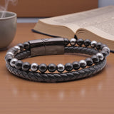 Bracelet cuir noir Hématite et Onyx avec fermoir acier inox 304, 18 cm