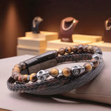 Bracelet cuir noir homme en œil de tigre